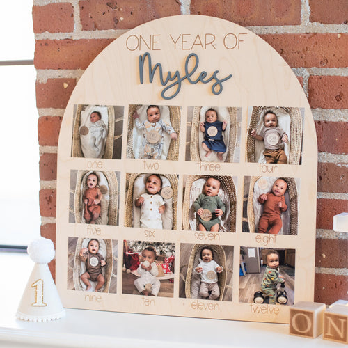 one year of photo board at first birthday party with baby pictures